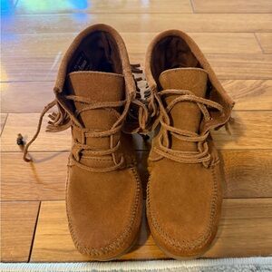 Minnetonka Brown Suede Moccasins with Fringe